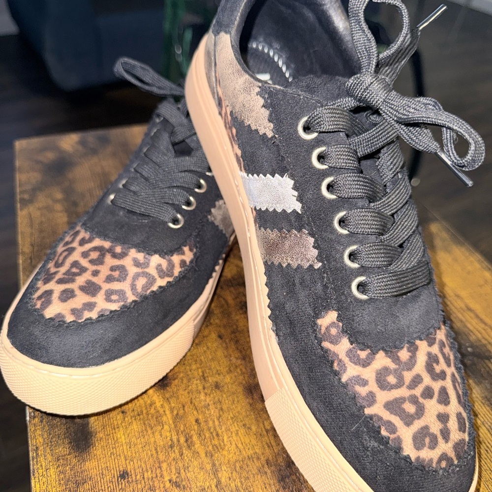 Corkys Black Suede Sneakers with Leopard Print and Tan Sole
